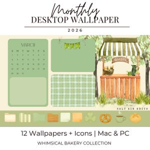 2026 Monthly Desktop Wallpaper Calendar, Whimsical Bakery Theme, Folder Icons (Digital Download for Desktop Setup)