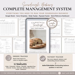 May include: A digital sourdough bakery management system featuring Google Sheets and Canva templates. The display shows a loaf of sliced bread, order trackers, payment trackers, and a dashboard for bakeries and cottage kitchens.