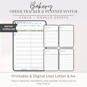 May include: Digital bakery order tracker and planner system. The image shows a tablet with a spreadsheet and several digital templates for tracking orders, payments, and baking schedules. The text says "Instant Download" and "Printable & Digital Use".