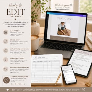 May include: A digital marketing template set for Canva displayed on a laptop, tablet, and smartphone, featuring a bakery order form, client contract, and thank you card. The screen shows editable text and images for a bakery business branding.
