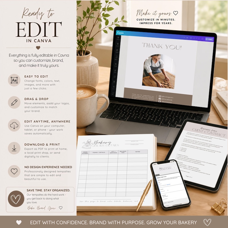 May include: A digital marketing template set for Canva displayed on a laptop, tablet, and smartphone, featuring a bakery order form, client contract, and thank you card. The screen shows editable text and images for a bakery business branding.