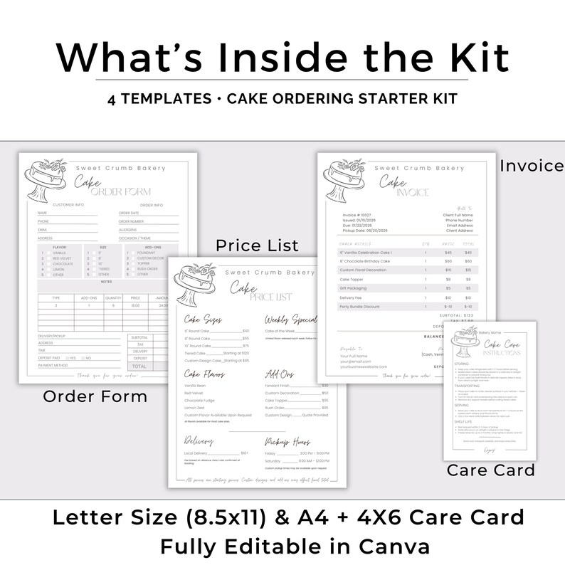 Cake Order Form Bundle, Printable Bakery Business Kit, Price List ...