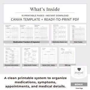 May include: A printable medical planner with 10 pages, including medication trackers, a vitals tracker, and a doctor visit log. The planner is a Canva template and ready-to-print PDF. The cover page has a heart and medical symbol.