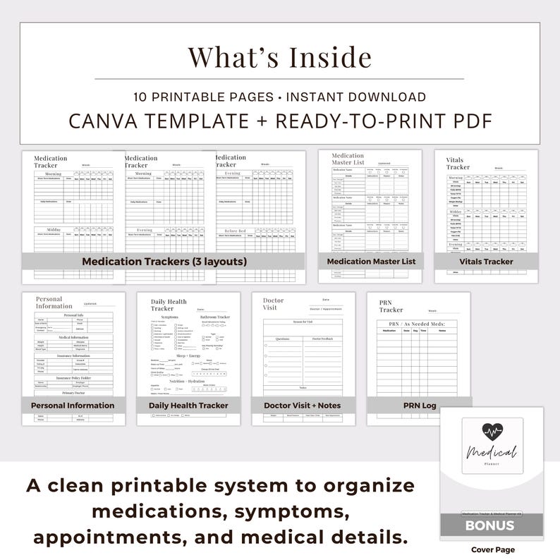 May include: A printable medical planner with 10 pages, including medication trackers, a vitals tracker, and a doctor visit log. The planner is a Canva template and ready-to-print PDF. The cover page has a heart and medical symbol.