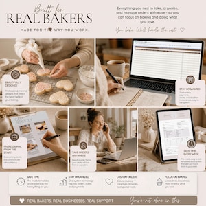 May include: A digital business management system for bakers featuring text that reads Built for REAL BAKERS, Made for the way you work, and You bake We'll handle the rest. The layout includes images of cookie decorating, laptop order tracking, service menus, and order forms.