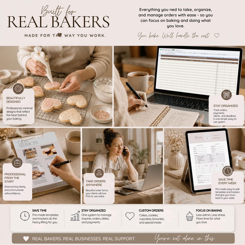 May include: A digital business management system for bakers featuring text that reads Built for REAL BAKERS, Made for the way you work, and You bake We'll handle the rest. The layout includes images of cookie decorating, laptop order tracking, service menus, and order forms.