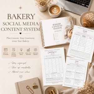 May include: A spiral-bound Bakery Social Media Content System planner with matching printed planning sheets. The documents feature sections for monthly planning, content ideas, analytics tracking, and a hashtag library, alongside a croissant and coffee.