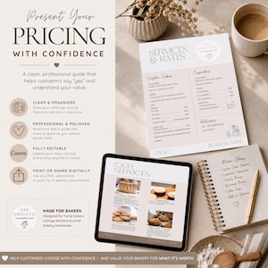 May include: A digital marketing template for bakery services and rates, featuring a printed menu sheet, a tablet displaying service images, and a spiral-bound notebook with a pen. The documents include text headers like Services & Rates, Our Services, and Menu Ideas, alongside icons and layout designs for professional business use.