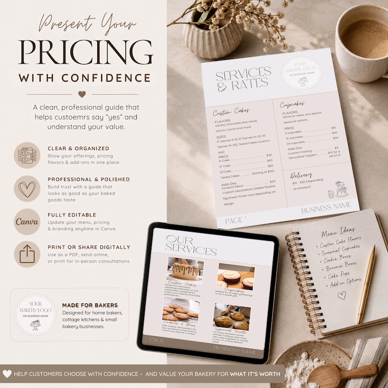 May include: A digital marketing template for bakery services and rates, featuring a printed menu sheet, a tablet displaying service images, and a spiral-bound notebook with a pen. The documents include text headers like Services & Rates, Our Services, and Menu Ideas, alongside icons and layout designs for professional business use.