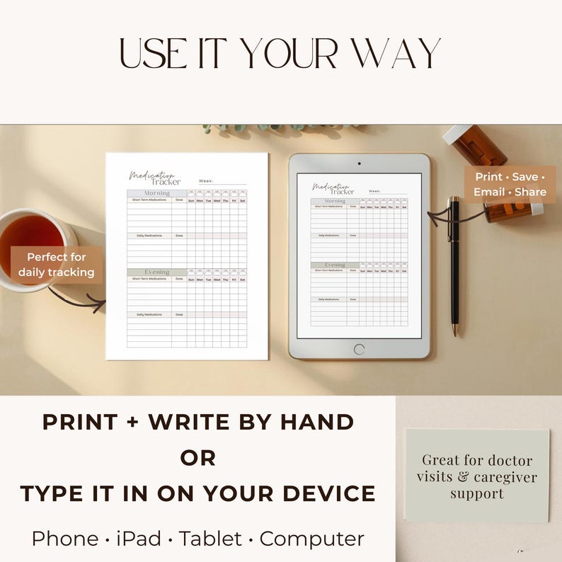 May include: A medication tracker displayed on paper and a tablet. The text "USE IT YOUR WAY" is at the top. The image includes the text "PRINT + WRITE BY HAND OR TYPE IT IN ON YOUR DEVICE" and "Great for doctor visits & caregiver support."