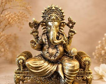 Ídolo de Ganesha de latón antiguo en el trono, estatua de Ganpati Bappa, regalo de decoración para templo hindú
