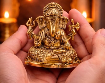 Handmade Brass Ganesh Idol Statue, Hindu Ganesha Sculpture for Home Temple Decor, Spiritual Gift