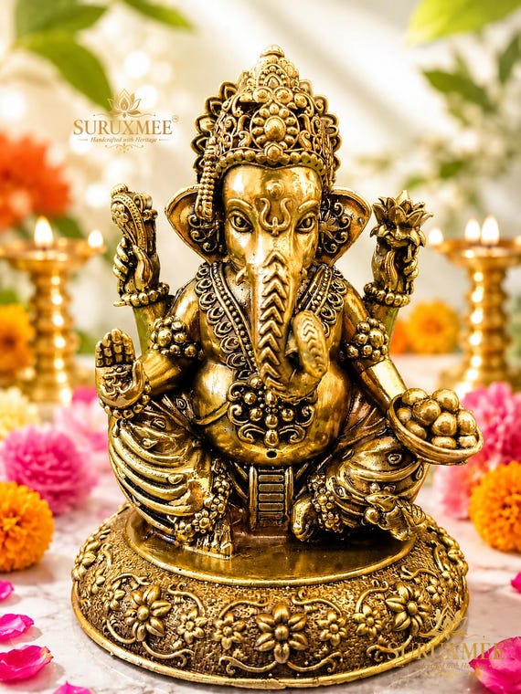 Brass Ganesha Statue, Lord Ganesh Idol for Home Decor, Hindu Elephant God Murti Gift