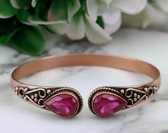 Adjustable Woman Pear Stone Jewelry, Ruby Gemstone Cuff Copper Bangle Bracelet, Christmas Gifts Bracelet