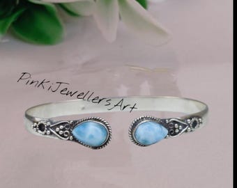Larimar Gemstone Bangle, Handmade 925 Sterling Silver Bracelet, Meditation Partywear Woman Bangle & Bracelet