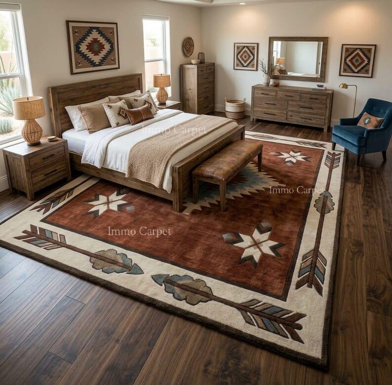 Rust Southwestern Wool Area Rug, Geometric Medallion Carpet With Arrow ...