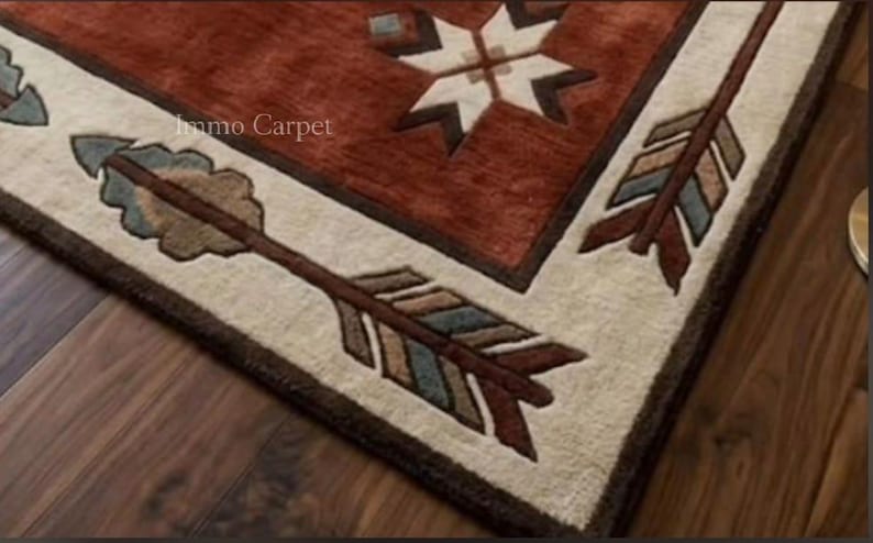 Rust Southwestern Wool Area Rug, Geometric Medallion Carpet With Arrow ...