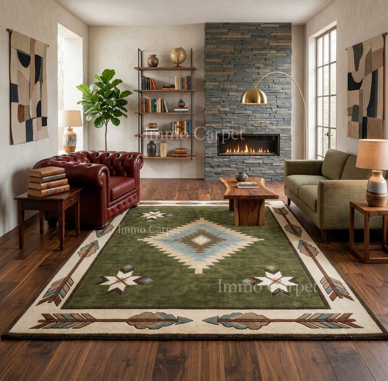 Rust Southwestern Wool Area Rug, Geometric Medallion Carpet With Arrow ...
