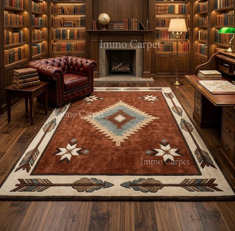 Rust Southwestern Wool Area Rug, Geometric Medallion Carpet With Arrow ...