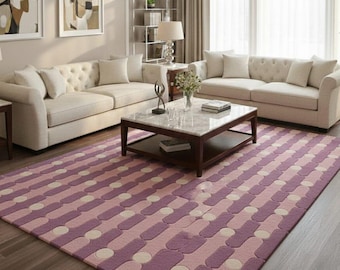 Geometric Pink & Lilac Hand Tufted Wool Rug | Modern Abstract Bedroom Area Carpet | Custom Size Available