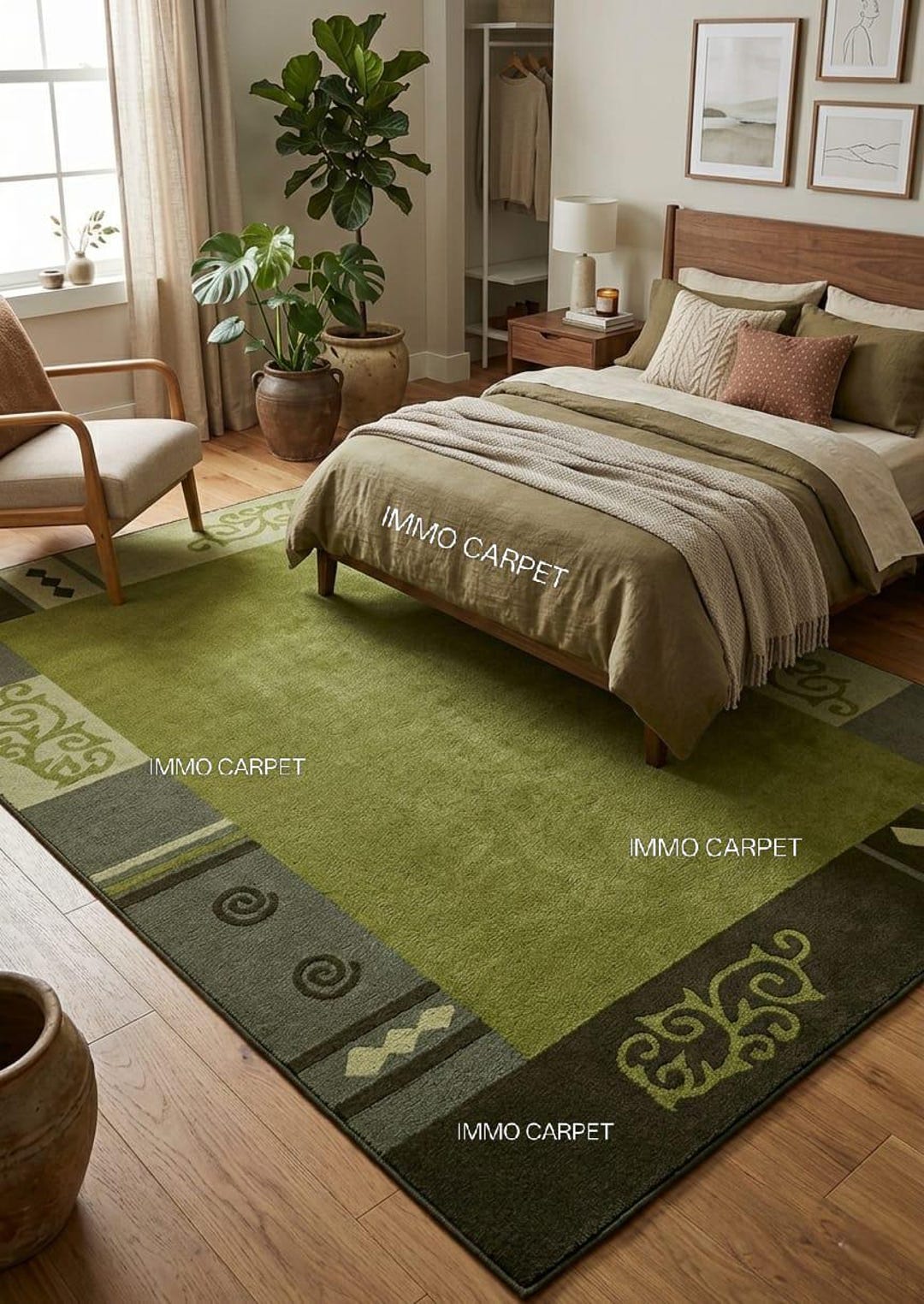 Soft Wool Green Rug, Hand Tufted Area Rug, Modern Minimalist Border ...