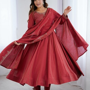 Maroon Chanderi Silk Anarkali Gown Set | Premium Roman Shimmer Anarkali with Dupatta & Pants | Indian Wedding Party Wear Dress