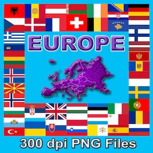 May include: A blue graphic with the word "EUROPE" in purple letters, a purple map of Europe, and flags of European countries. The text "300 dpi PNG Files" is at the bottom.