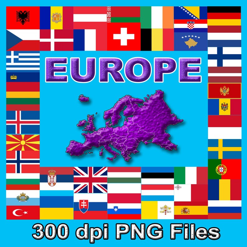 May include: A blue graphic with the word "EUROPE" in purple letters, a purple map of Europe, and flags of European countries. The text "300 dpi PNG Files" is at the bottom.