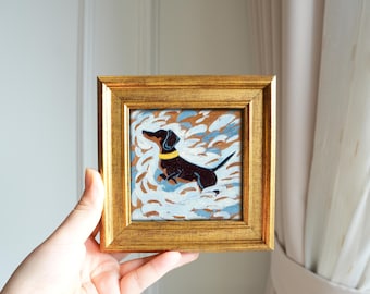 Black Dachshund – Mini Framed Hand-Painted Oil Painting or Framed Art Print, 5x5 Inch