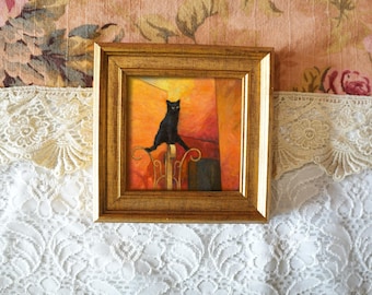 Black Cat Painting – Mini Framed Oil Painting or Art Print, 5 x 5 Inch