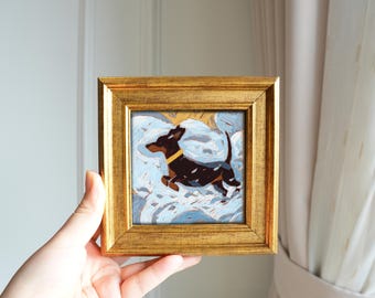 Dachshund – Mini Framed Hand-Painted Oil Painting or Framed Art Print, 5x5 Inch