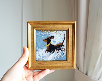 Black Dachshund – Mini Framed Hand-Painted Oil Painting or Framed Art Print, 5x5 Inch