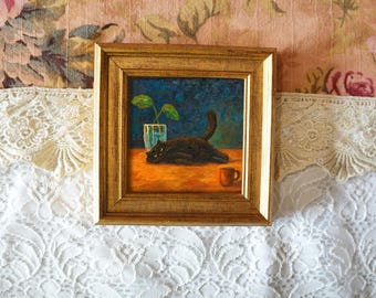 Black Cat Painting – Mini Framed Oil Painting or Art Print, 5.5x5.5 Inch