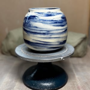 Marbled Blue and White Stoneware Vase, Glossy Glaze Pottery