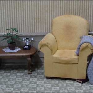 1:12 Scale Miniature Comfy Chair, Used Look Dollhouse Arm Chair Faux Suede Fabric, Handmade Upholstered Chair