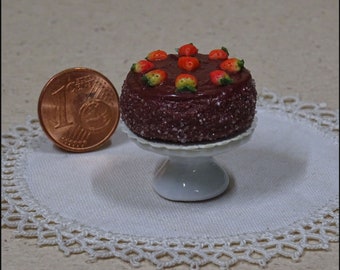 Dollhouse miniature chocolate cake with strawberries 12th scale miniature cake for dolls house bakery