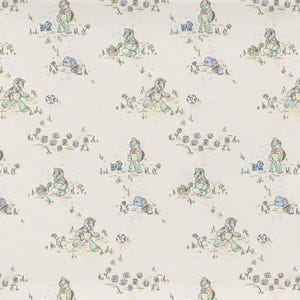 May include: A light cream fabric featuring a repeating pattern of illustrated green turtles wearing red caps. The turtles are depicted in various activities including running, sitting with a basket, and playing with blue blocks and soccer balls.