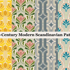 Peut inclure: Plusieurs motifs scandinaves modernes du milieu du siècle. Les motifs présentent des motifs floraux et géométriques dans des tons de jaune, vert, rose, bleu et beige. Le texte "Mid-Century Modern Scandinavian Pattern" est affiché.