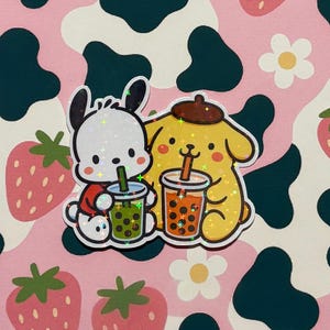 Pochacco & Pompompurin Matcha and Thai Tea Sticker | Cute Boba Vinyl Sticker | Kawaii Asian Theme Anime Decal