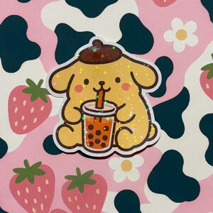 Pompompurin Thai Tea Boba Sticker | Cute Kawaii Vinyl Sticker | Asian Theme Anime Decal | Waterproof Aesthetic Sticker