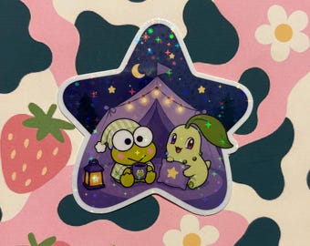 Keroppi & Chikorita Camping Sticker | Sanrio Pokemon Collab Sticker | Cute Night Camp Vinyl Decal | Star Holographic Sticker
