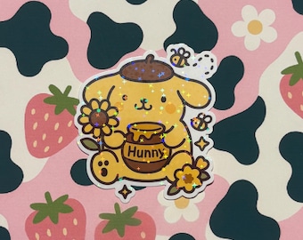 Pompompurin Holographic Sticker | Cute Bee & Hunny Pot Vinyl | Waterproof, Sparkly and Durable Kawaii Sanrio Laptop Decal