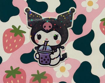 Cute Goth Bunny Boba Sticker | Kawaii Purple Milk Tea Vinyl | Pastel Edgy Bunny Decal | Waterproof Aesthetic Sticker