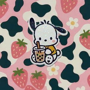 Pochacco Boba Sticker – Holographic Sanrio Vinyl | Cute Sparkly Kawaii Dog Holding Bubble Tea