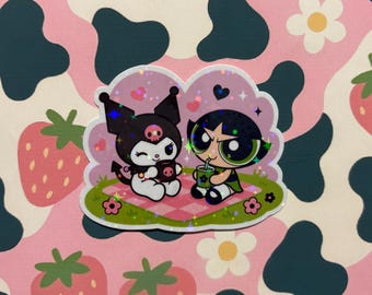 Kuromi x Buttercup Picnic Sticker | Powerpuff Girls & Sanrio Crossover | Cute Holographic Vinyl Sticker