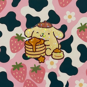 Pompompurin Pancake Sticker | Cute Sanrio Kawaii Vinyl Decal | Holographic Star Sticker for Laptop, Journal, Water Bottle, Planner
