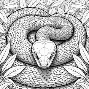 May include: A monochrome illustration of a coiled snake, centrally positioned. The snake's scales are meticulously rendered, with its head facing the viewer. The snake is framed by stylized leaves.