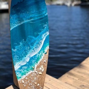 Surfboard - Surfboard Table - Surf Art - Wood SurfBoard - Beach House Art - Surfer Gift - Ocean Art - Ocean Resin Board - Ocean Room