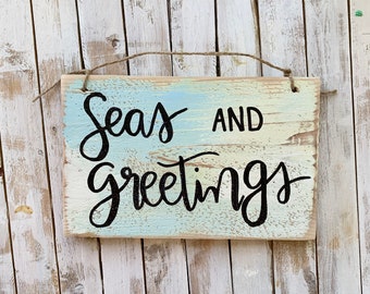 Seas and Greetings - Coastal Christmas - Beach Christmas Sign - Rustic Christmas - Christmas Decor - Holiday Decor Beach