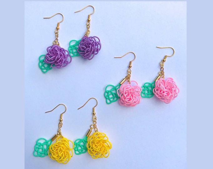 Dangle flower earrings, pink/yellow/purple